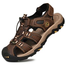 Summer Men Casual Beach Outdoor Water Shoes Breathable Trekking Sandals Hiking Climbing Fishing Genuine Leather Leisure Sandals - Dark brown - 43