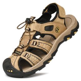 Summer Men Casual Beach Outdoor Water Shoes Breathable Trekking Sandals Hiking Climbing Fishing Genuine Leather Leisure Sandals - Light Brown - 45