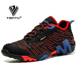 TANTU Mesh+Suede New Arrival Climbing Hunting Shoes Camping Breathable Hiking Men Shoes Non-Slip Outdoor Plus Size 39~46 - Black Red - 42