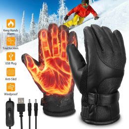 Electric Heated Gloves USB Plug Touchscreen Thermal Gloves Leather Windproof Winter Hands Warmer Unisex - Black